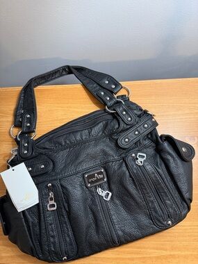 Angel Kiss Black Pebble-Texture Shoulder Bag with Silver Accents